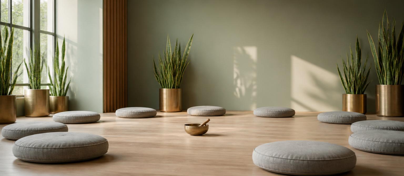 A serene HEFA training space with meditation cushions, plants, and natural light